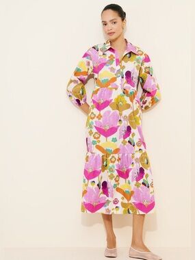 Maeve Bettina tiered long sleeve shirt dress midi Large multi pink floral